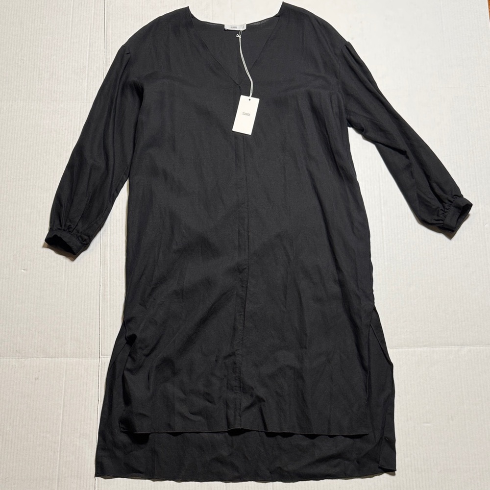 CLOSED NWT Black V-Neck Puff Sleeve Dress Midi Side Slits Pockets‎ Oversized XXS